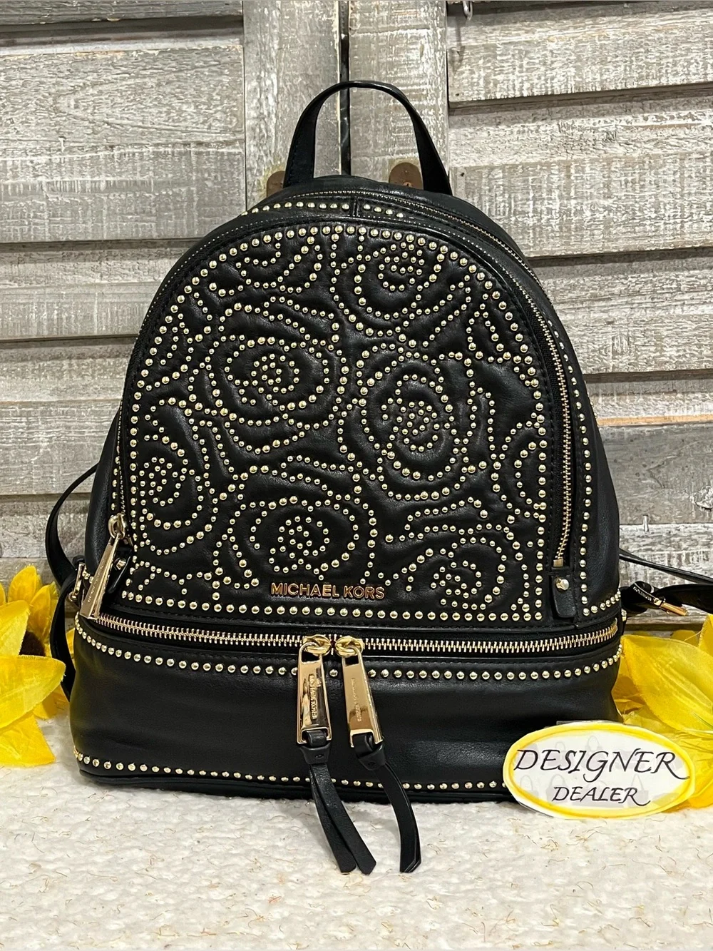 Michael Kors Rhea Rose Studded Black Leather Backpack VGC!